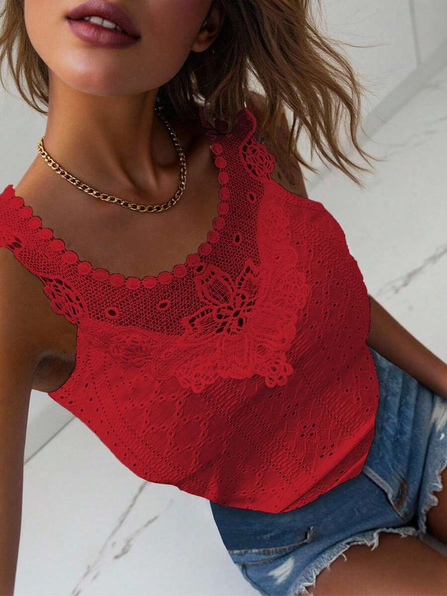 Chiquease Fashionable Versatile Casual Solid Color Embroidered Tank Top - Red - View 1