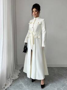 Rafferiza 女式纯色立领长袖单排扣腰带设计优雅大衣，秋冬 - 米色 - 查看 6