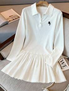 Airaco 女式骑士印花 Polo 领长袖荷叶边下摆休闲连衣裙 - 藏蓝色 - 查看 1