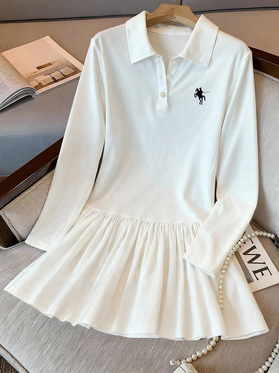 Airaco 女式骑士印花 Polo 领长袖荷叶边下摆休闲连衣裙 - 藏蓝色 - 查看 1