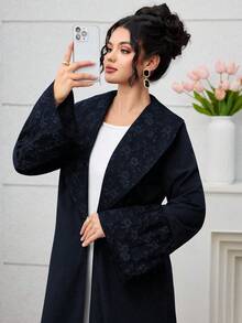 Yasmyna Elegant Jacquard Patchwork Solid Color Long Maxi Robe With Oversized Collar Abayas - Navy Blue - View 2