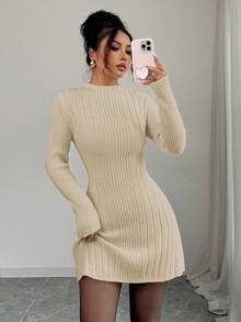 Elenzga Vestido ajustado de línea A de manga larga con cuello alto acanalado, que estiliza y ciñe la cintura para mujeres - Caqui - Ver 3