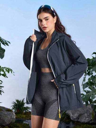 In My Nature 女式插肩袖前拉链连帽防晒夹克运动服夹克女式健身夹克瑜伽夹克拉链健身夹克女式健身服