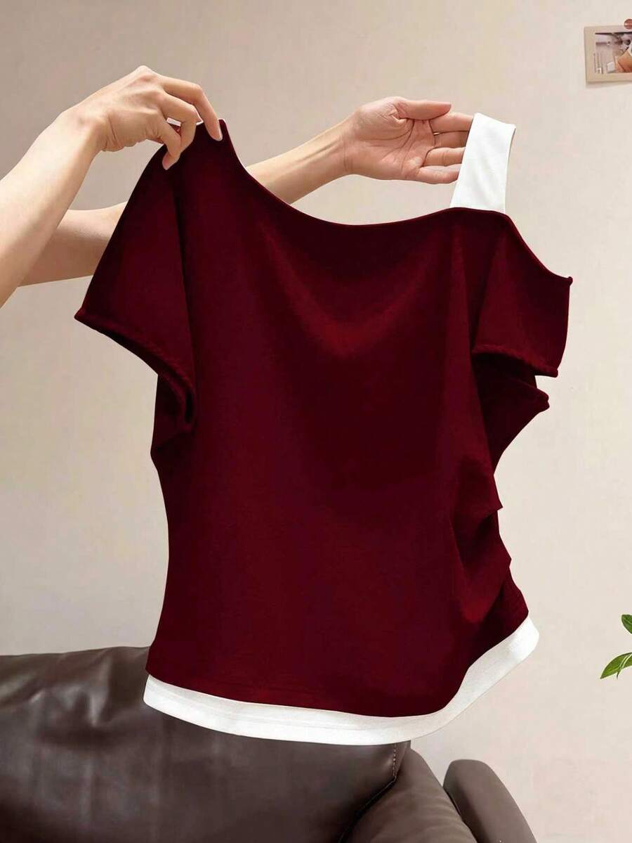 SHEIN Women's Oblique Shoulder 2 In 1 Short Sleeve T-Shirt, Summer