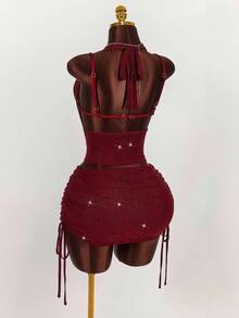 Amplova 女式闪亮亮片垂坠领短款细肩带背心和抽绳腰部紧身迷你裙性感套装 - 酒紅色 - 查看 2