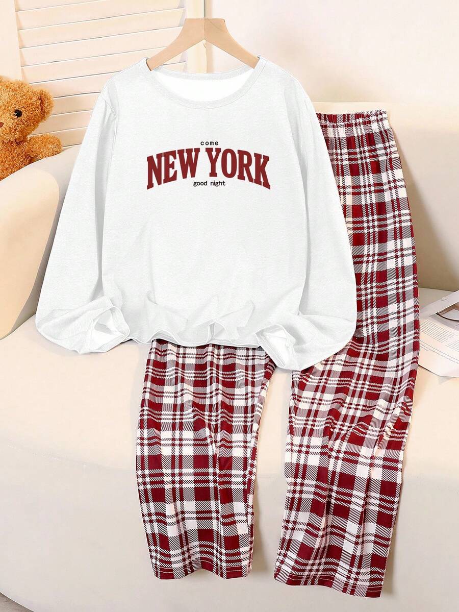 Bộ đồ ngủ 2 món cho bé gái tuổi teen - Áo dài tay màu trắng in họa tiết tiếng Anh cổ điển & Quần dài kẻ caro rộng rãi, Đồ ngủ Giáng sinh thoải mái - trắng - Xem 1