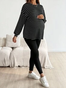 SHEIN 2件套孕妇休闲条纹上衣和紧身裤套装，秋季 - 黑色 - 查看 4
