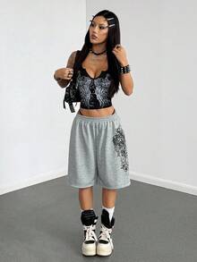 StreetHx Women's Grey Punk Print Loose Capri Pants