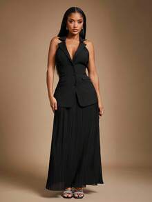 Radiana Bộ vest đen thanh lịch dành cho nữ, áo vest không tay + chân váy maxi xếp ly bằng vải voan 2 mảnh, trang phục công sở thời trang cho văn phòng, đi làm, hẹn hò, tiệc tùng, những dịp trang trọng - màu đen - Xem 2