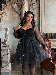 Lyrianda Plus Size Waist Tie Bow Decor Dress, Party Wear Glitter Dress Black Sparkle Dress Tulle Dress Sparkly Dress Black Glitter Dress