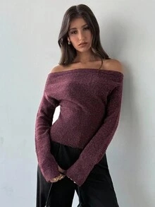 Aloruh 女装秋冬新款褶皱斜肩扭结棕色长袖毛衣 - 棕色 - 查看 7