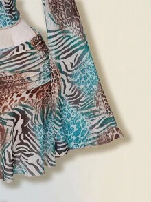 SHEIN ICON Vintage Animal Print Flare Sleeve Top And Skirt 2 Pieces Set For Women Leopard Print Set - Green - View 3