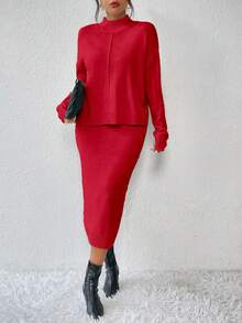 Almamuse Set de suéter de 2 piezas con top de manga larga de cuello alto y falda de punto casual - Rojo - Ver 5