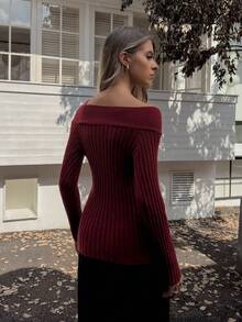 Elyressa Women's Burgundy Red Oblique Shoulder Hollow Knit Sweater,Elegant Metal Button Fitted Soft Skin-Friendly Pullover For Autumn Night Out - Burgundy - View 2