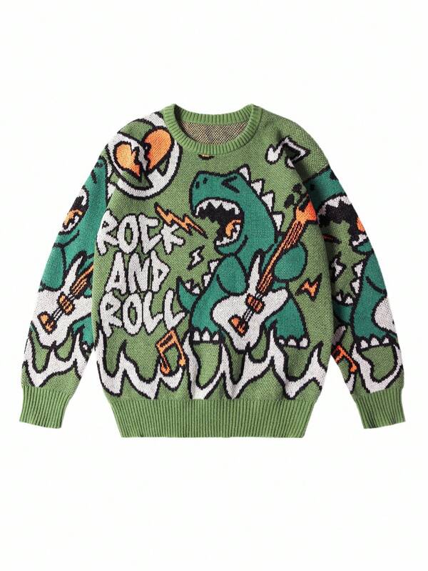 Chillumni Men's Casual Dinosaur Pattern Sweater, Autumn/Winter Sweater Graphic Green Sweater Dinosaur Sweater Rock And Roll Sweater Y2k Sweater