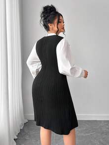 Elenzga Plus Size Patchwork Long Sleeve Ribbed Tie-Up Dress