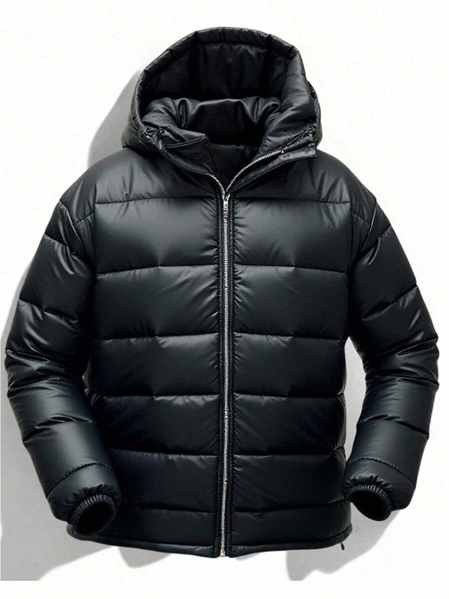 SHEIN Teen Boys' Casual Padded Puffer Hooded Zip-Up Jacket, All-Match Versatile Winter Coat, Quilted Design, Suitable For Commuting, School, Daily Casual, Travel, Outdoor, Party, Sports, Fall Autumn And Winter Coat - Black - View 1