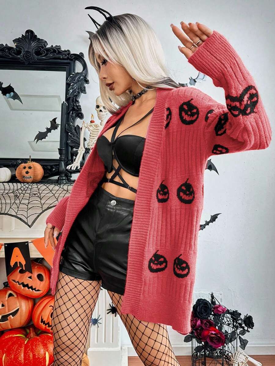 Áo khoác len cardigan dài tay trễ vai họa tiết bí ngô Halloween thời trang thu đông cho nữ - Màu Hồng Tươi - Xem 1