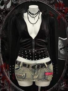 Sunspun Plus Size Women Sexy Hooded Faux Fur Zipper Studded Long Sleeve Jacket Sweatshirt Sweatshirt, Autumn/Winter