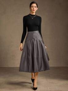MOTF PREMIUM WOMEN'S PU LEATHER FOLD PLEATED A-LINE SKIRT - Grey - View 4