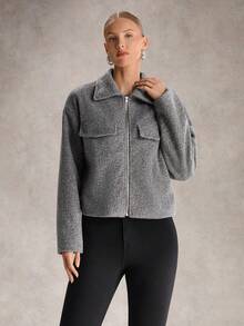 SHEIN Unity Gray Metallic Zipper Loose Fit Short Jacket For Women - Dark Grey - View 5