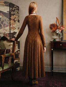 Revavyn 女士针织提花面料圆领长袖褶皱喇叭下摆连衣裙，修身，适合通勤，度假，浪漫约会，时尚，优雅，法式风格，迷人，新款秋季咖啡色长裙 - 咖啡 - 查看 3