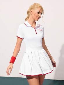 CourtClass Contrast Trim Pleated Summer Sporty Mini Dress - White - View 3