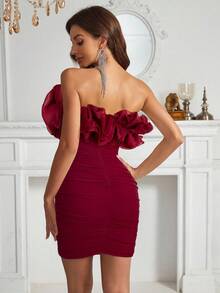 SHEIN Belle Women's Elegant Ruffle Layered Fitted Bandeau Dress, Suitable For Party - Burgundy - View 2
