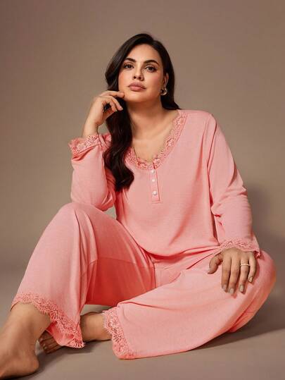 Lazeform Plus Size Women's Romantic Pink Half-Open Collar Lace Trim Super Soft Draped Lightweight Knit Fabric Long Sleeve Top & Pants Pajama Set, Sweet Casual Loungewear, Winter Clothes