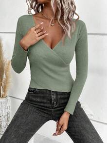 SHEIN Clasi V-Neck Criss-Cross Wrap Elegant Long Sleeve Pullover Sweater,Fall,Fall Clothes For Women - Mint Green - View 7