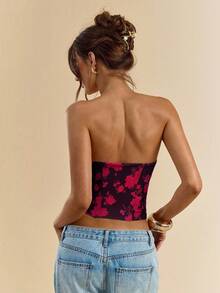 SHEIN BAE Áo bandeau in hoa thanh lịch dành cho nữ, mùa hè - Màu Hoa hồng đỏ - Xem 2