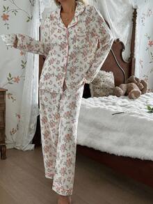 CottageSlumber Bộ đồ ngủ cổ ve áo in họa tiết hoa bong bóng dành cho nữ Bộ đồ ngủ cô dâu Bộ đồ ngủ cổ điển Quần áo thu đông - Màu be - Xem 4