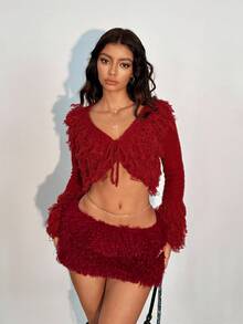 TRNVIE 1 Áo len dệt kim tua rua cổ chữ V màu đỏ dành cho nữ, mặc hàng ngày và dự tiệc - Màu Đỏ Sâu - Xem 6