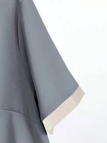 Franclia Plus Size Women's Woven Contrast Color Block V-Neck Short Sleeve Cardigan Shirt & Elastic Waist Straight Leg Pants Set, Elegant & Romantic Grey Two Piece Set Comfortable Two Piece Set - Grey - View 4