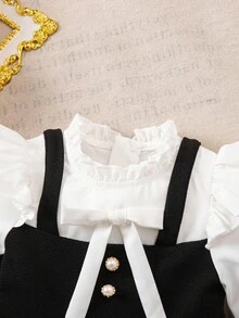 女婴学院风可爱二合一黑白拼接长袖连衣裙 - 白色 - 查看 4