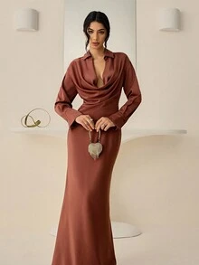 Lyxana 女式纯色方领长袖衬衫和中长裙优雅两件套 - 棕色 - 查看 4