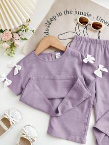 SHEIN 2 Stücke Baby Mädchen süßes gestricktes lila Schleife Dekor Kurzarm T-Shirt und Hose mit elastischem Bund Set, Sommer - Violett - Übersicht 5