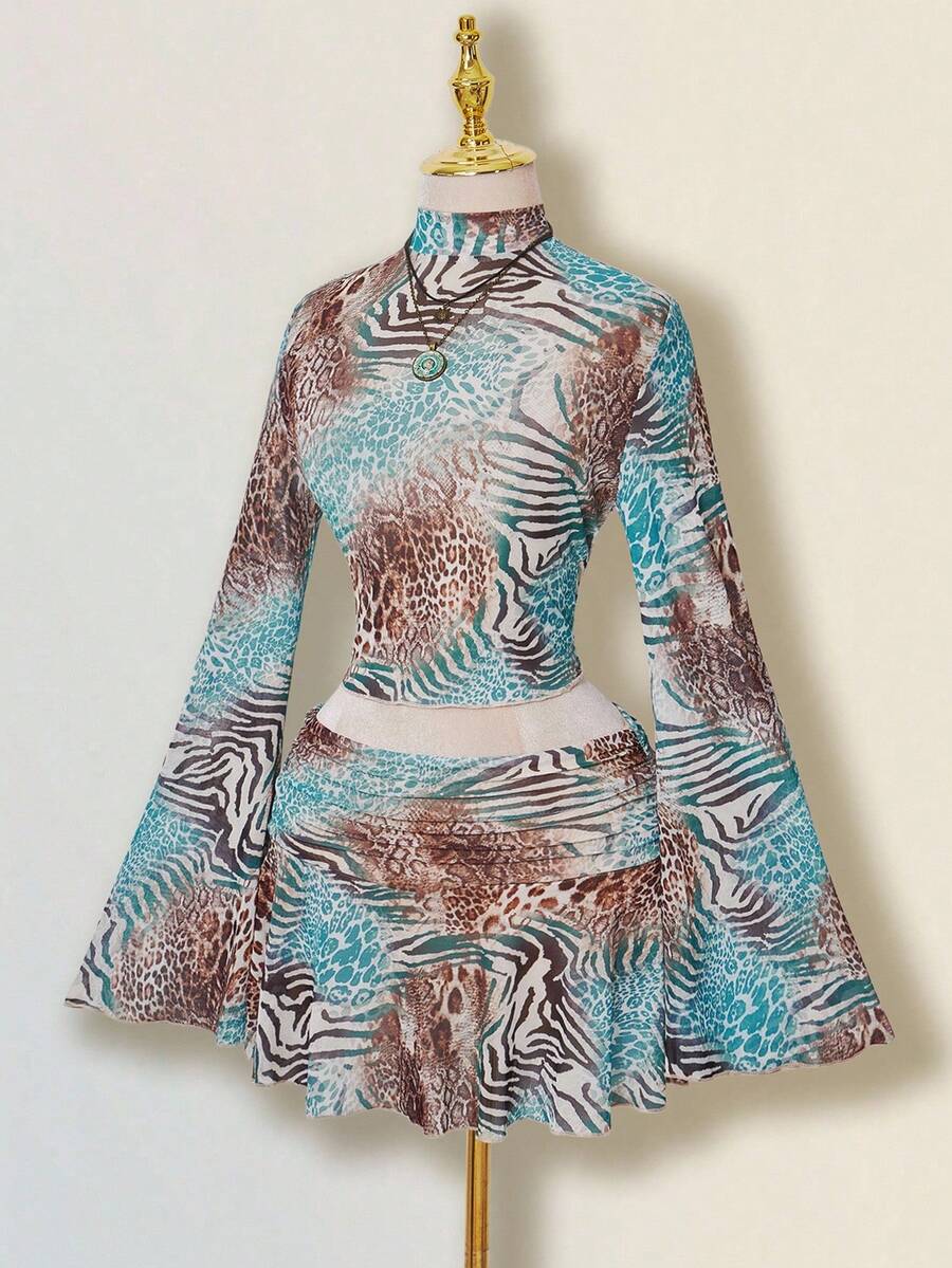 SHEIN ICON Vintage Animal Print Flare Sleeve Top And Skirt 2 Pieces Set For Women Leopard Print Set - Green - View 1