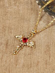 Glisma 18K 镀金复古优雅锆石心形和十字架吊坠项链、派对、夜总会、购物、复古、高级、锆石、水钻、十字架、西方珠宝、老钱、服装、哥特式/哥特、魅力项链、宝石、秋季/秋季/冬季、适合妈妈/女士/女孩/母亲、万圣节高级款 - 紅色 - 查看 5