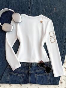 Tween Girls' White Round Neck Thermal Lined Long Sleeve Star Pattern Tight Fit Base Layer Pullover T-Shirt,Autumn Casual School Winter Tops - White - View 2