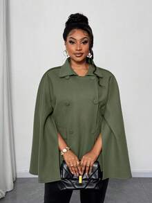 Maweii Plus Size Women Solid Color Button Front Cape Woolen Coat, Autumn/Winter - Army Green - View 1