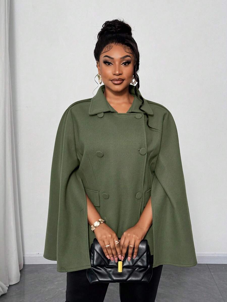 Maweii Plus Size Women Solid Color Button Front Cape Woolen Coat, Autumn/Winter - Army Green - View 1