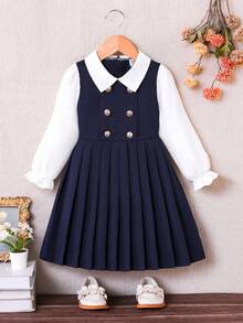 SHEIN Elladie kids 年轻女孩海军蓝彼得潘领双排扣褶裥下摆长袖二合一连衣裙，适合休闲、优雅、通勤、校园风格 - 寶藍色 - 查看 4