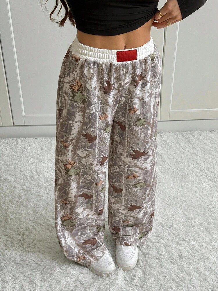 SHEIN Tall Women's Casual Knitted Long Pants With Autumn Leaf Print And Zipper Detail