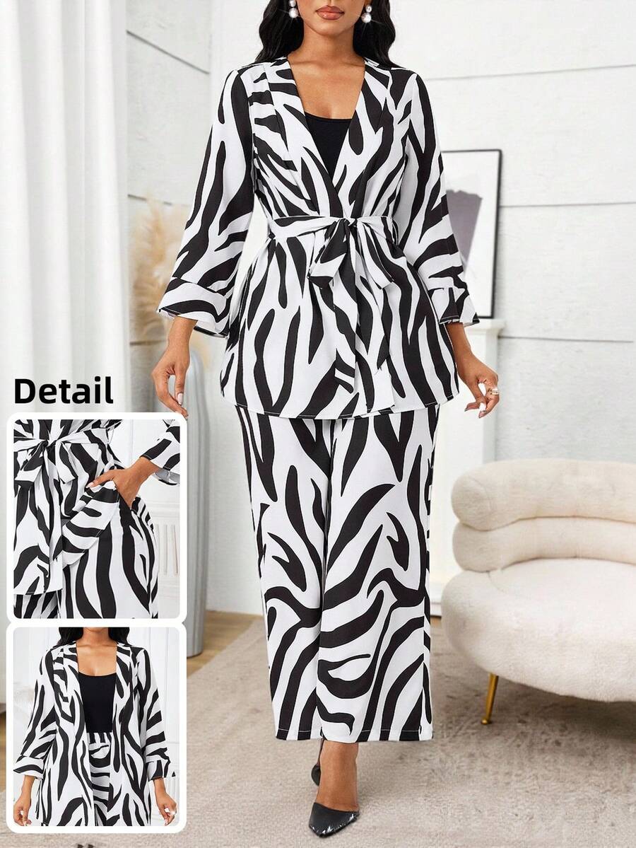 SHEIN Lady 女士时尚休闲斑马纹上衣和裤子两件套 - 黑與白 - 查看 1
