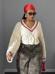 Maweii Sweater Wanita Ukuran Besar Lengan Panjang Leher V Warna Kontras Longgar dan Kasual untuk Musim Dingin dan Gugur - MultiWarna - View 6