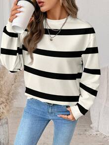 SHEIN LUNE ملابس علوية نسائية كاجوال بياقة طاقم مطبوعة بنمط بسيط، فضفاضة، صيفية بأكمام طويلة، ملابس علوية شاطئية، ملابس علوية نسائية مخططة، ملابس علوية مخططة بأكمام طويلة للخريف/الشتاء - متعدد الألوان - مشاهدة 4