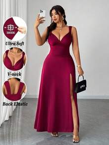 Viva Relle 大码女式纯色扭结V领高开衩高弹力针织派对鸡尾酒百搭时尚设计2025新款连衣裙 - 紅色 - 查看 1