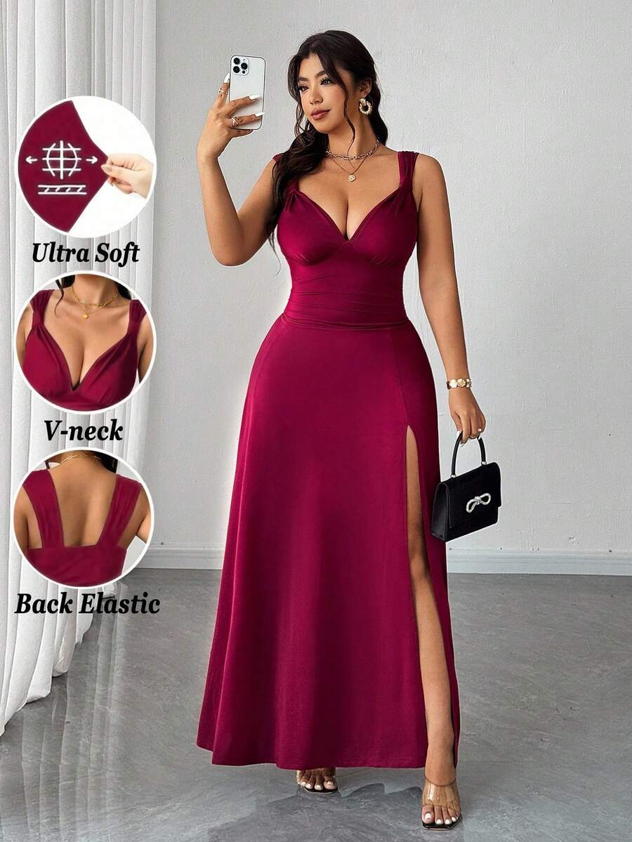 Viva Relle 大码女式纯色扭结V领高开衩高弹力针织派对鸡尾酒百搭时尚设计2025新款连衣裙 - 紅色 - 查看 1