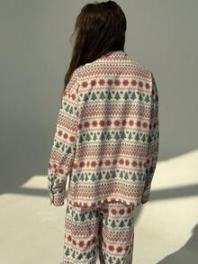 Aloruh 2-Piece Women's Comfortable Christmas Party Pajama Set, Romantic Christmas Tree Print Holiday Home Clothes, Christmas Party Home Clothes, Holiday Home Wear, Long-Sleeved Shirt And Wide-Leg Pants Two-Piece Set